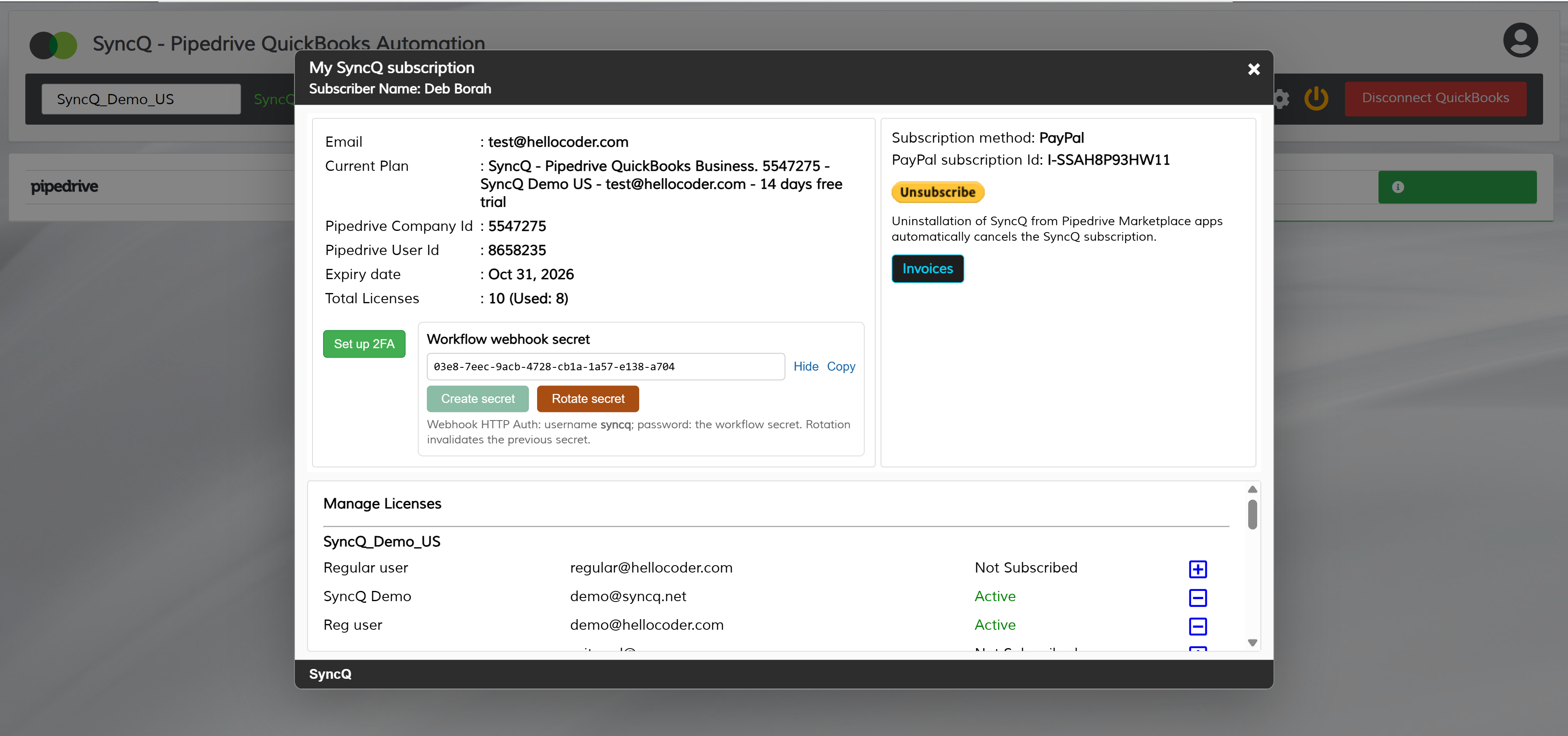My SyncQ subscription showing the Pipedrive Company Id and workflow secret controls