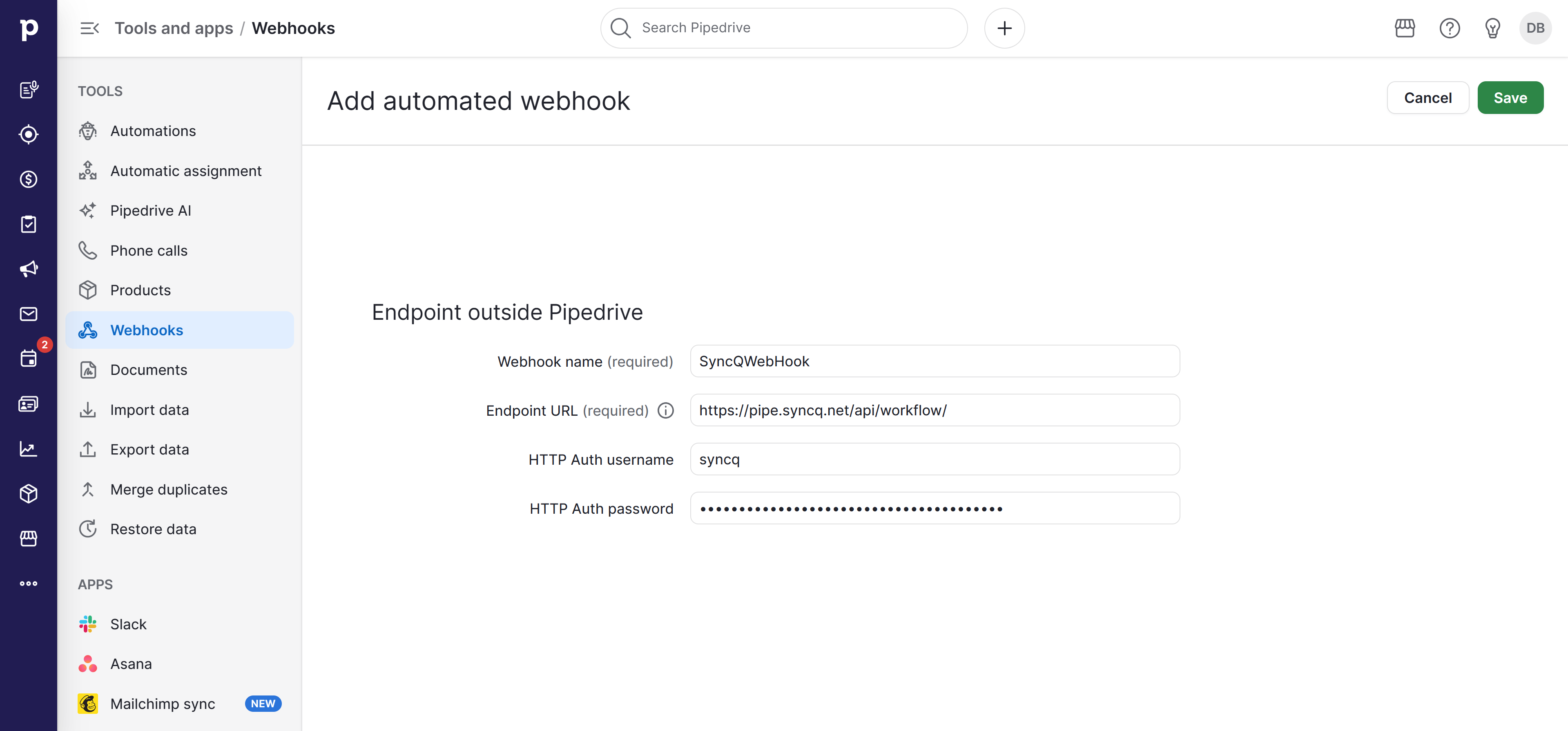 Pipedrive automation webhook URL and HTTP Auth settings