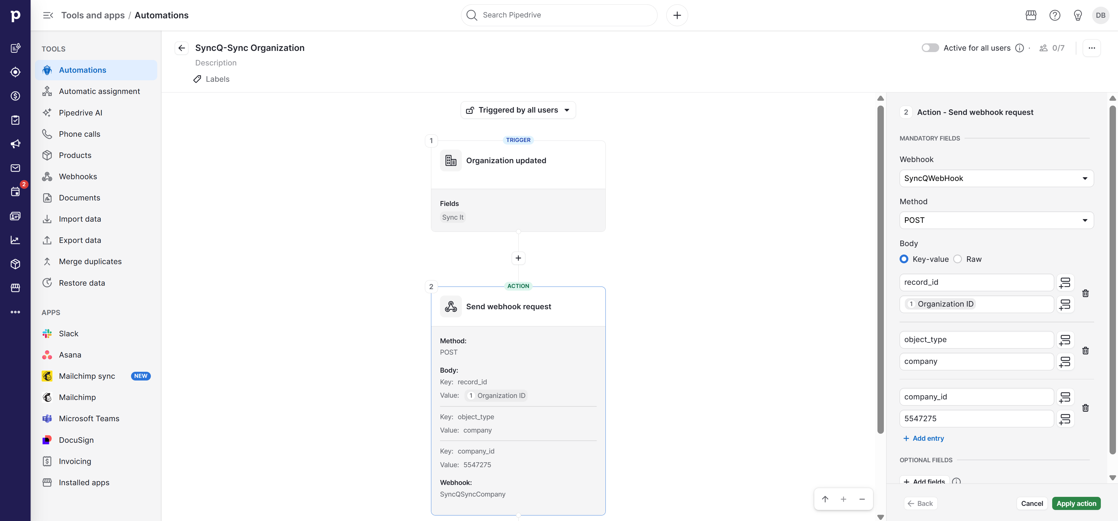 Pipedrive Send webhook request action with POST and record_id, object_type and company_id parameters