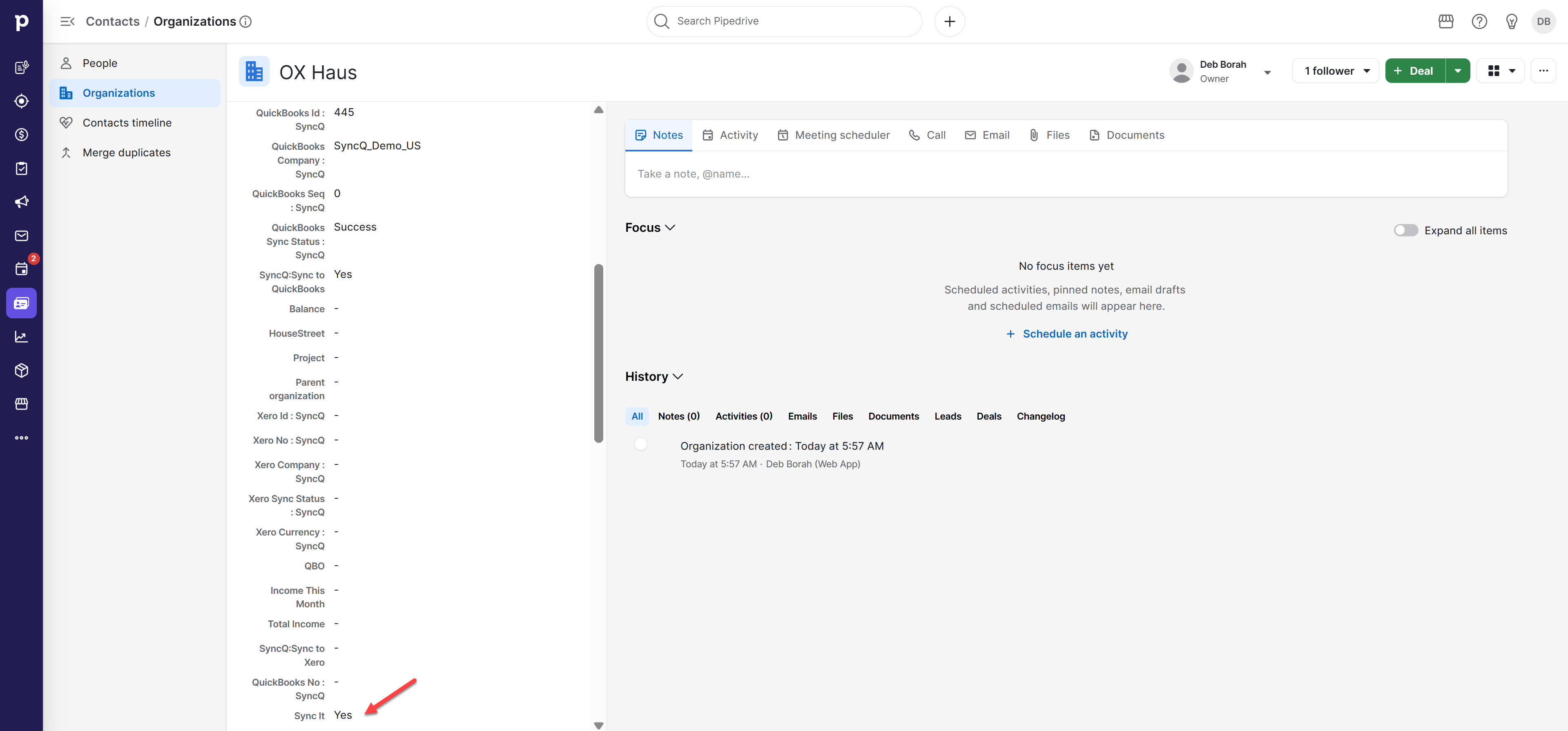 Pipedrive Organization showing Sync It set to Yes, a QuickBooks ID and Success sync status